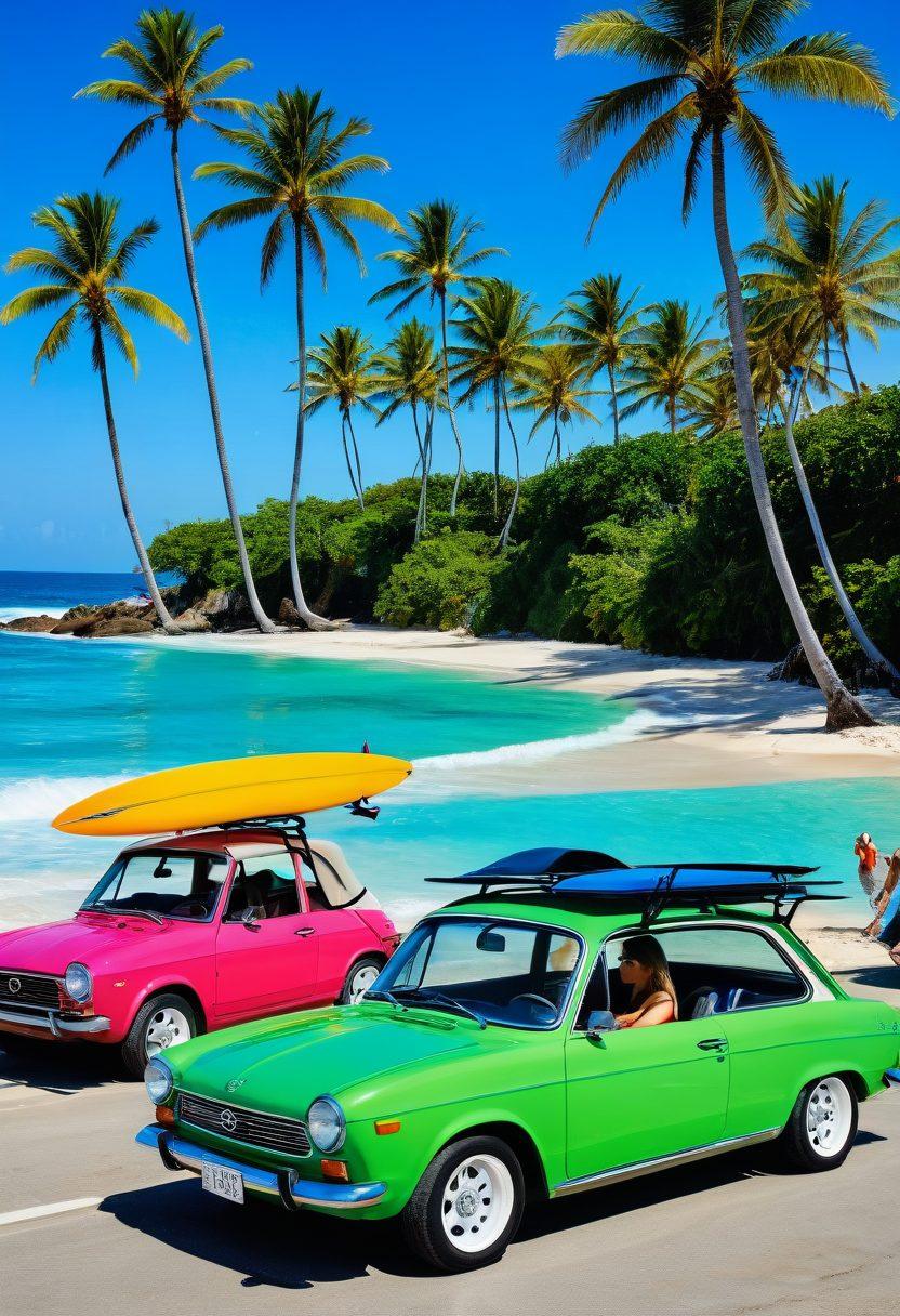 A vibrant scene of stylish bikini-clad individuals driving eco-friendly vehicles along a picturesque coastline, with palm trees and clear blue waters in the background. Incorporate elements of fashion, such as trendy beachwear and accessories, while setting the mood of fun and adventure. Include colorful, sustainable electric cars, surfboards, and playful beach accessories scattered around. The overall composition should evoke a sense of community, joy, and sustainability. super-realistic. vibrant colors. sunny atmosphere.