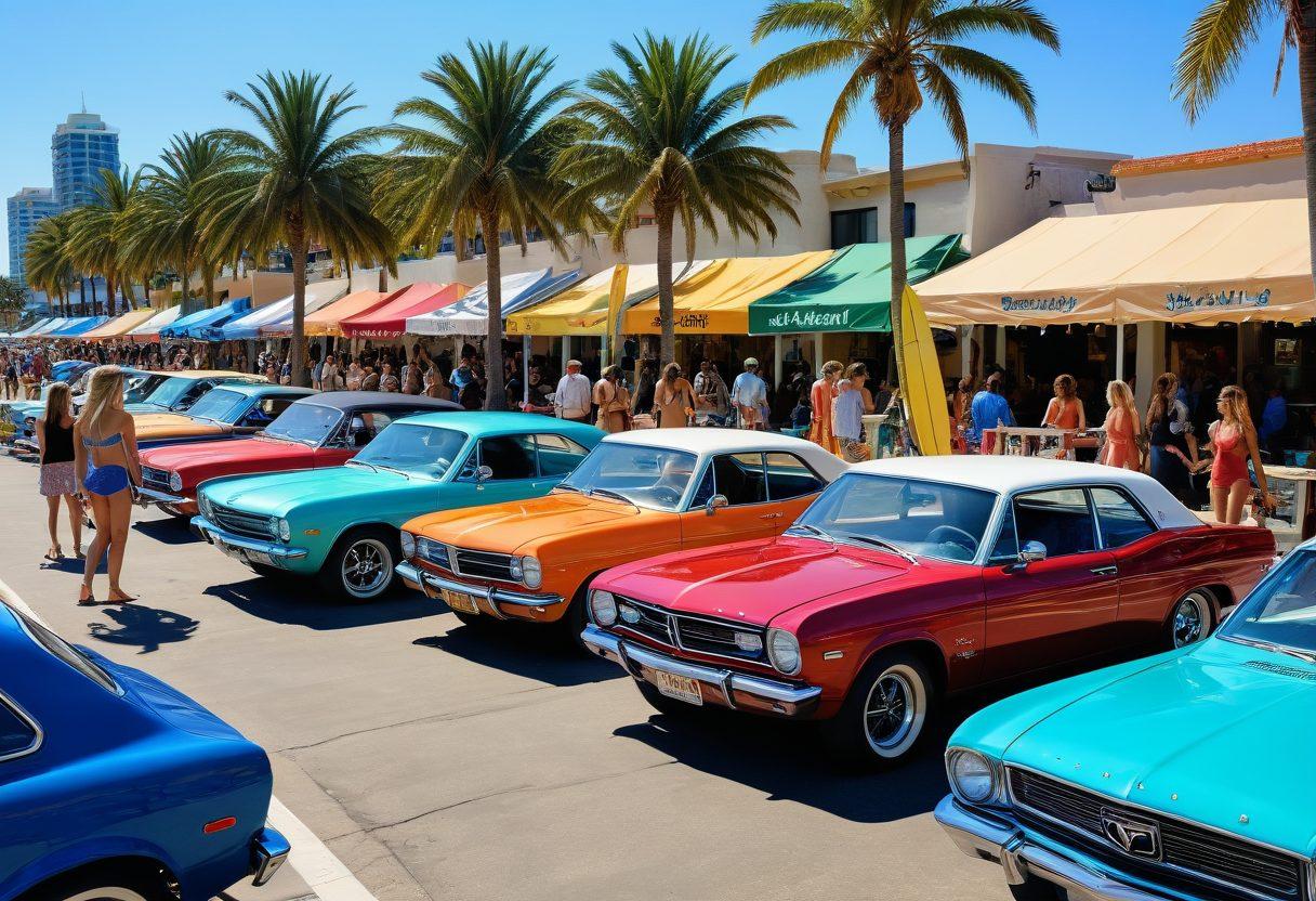 A vibrant scene depicting a lively bikini car market, showcasing colorful custom cars decorated with beach-themed accessories. Include enthusiastic fans mingling around, discussing trends while holding surfboards and beach gear. Bright sunshine illuminates the scene, emphasizing summer vibes, with palm trees in the background. Captured in a dynamic, playful style that reflects the joy of car culture and beach lifestyle. super-realistic. vibrant colors. summer theme.